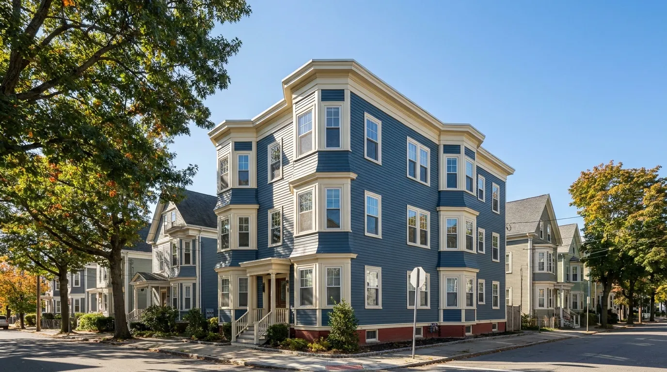 Triple-decker condominium building on a tree-lined street in Somerville, MA