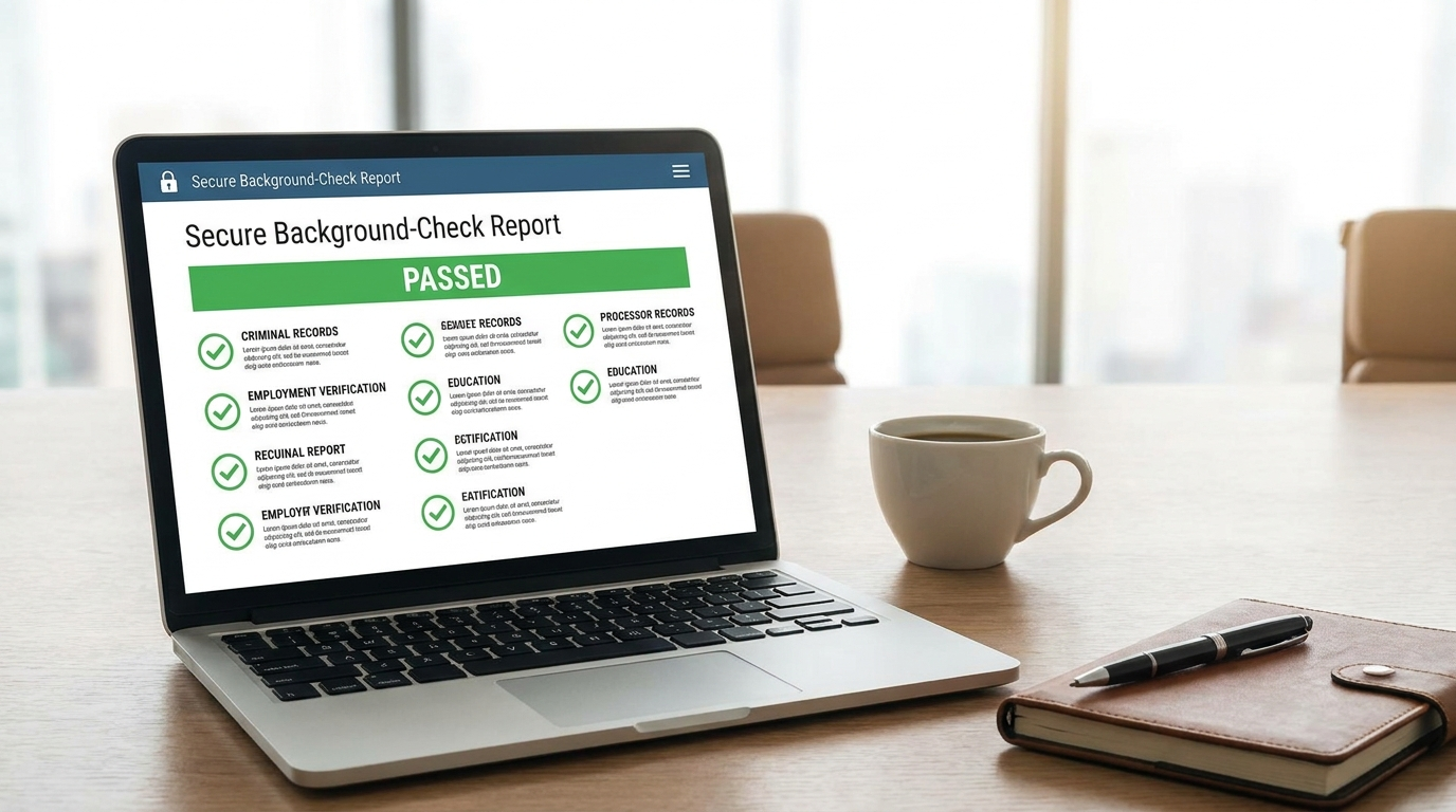 Tenant background check service report on a laptop with credit and eviction results