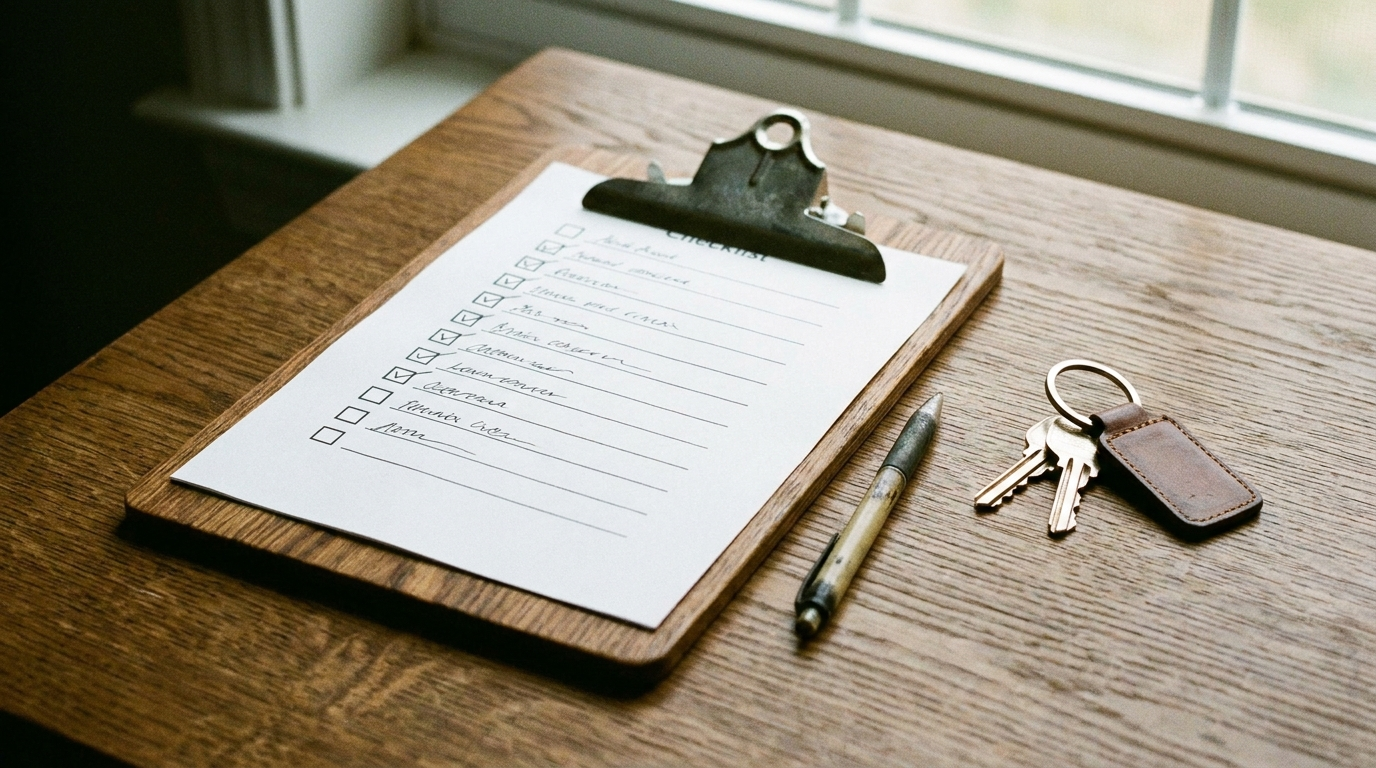 Tenant screening criteria checklist on a clipboard with a pen and keys