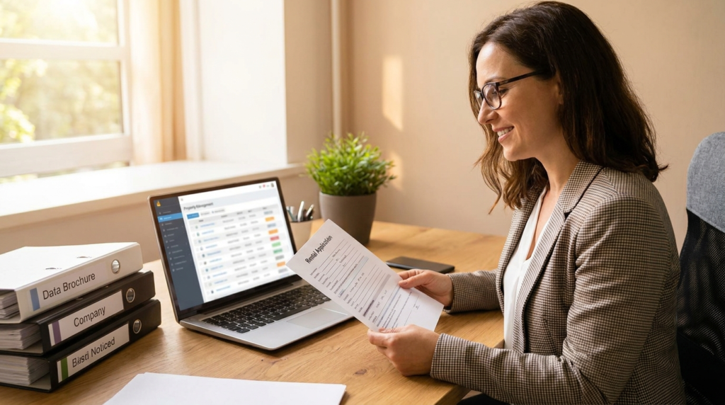 Property manager reviewing a rental application during tenant screening