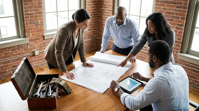 Specialized property management team reviewing a building blueprint and financials together