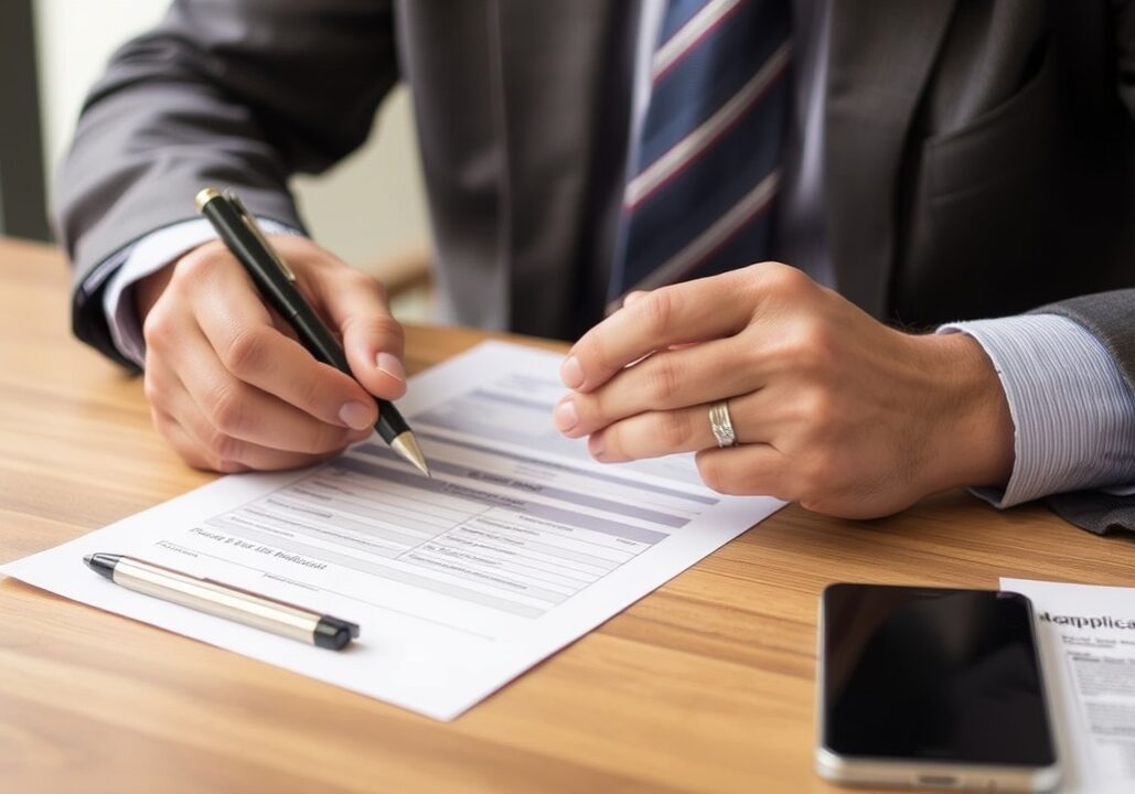 A landlord at a table checking a printed rental application with a pen.