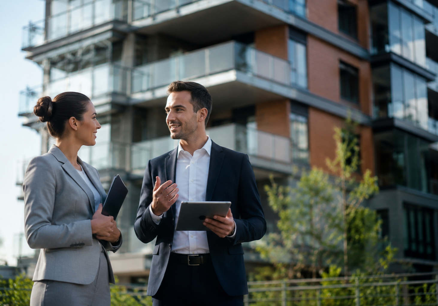 Business discussion at modern construction site