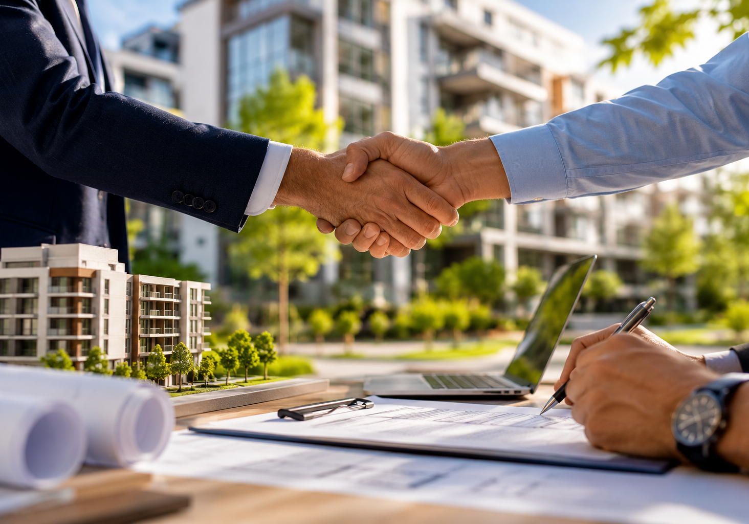 Business handshake in an urban setting