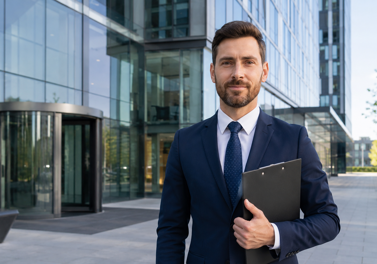 A person in a suit holds a clipboard while standing in front of a modern office building.