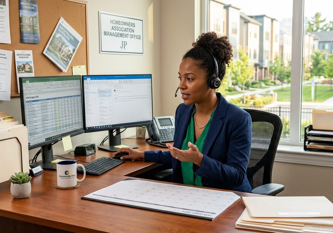 Property manager reviewing HOA financial and governance records on a computer for a Boston condo association