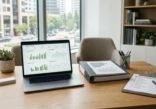 Property manager's desk with a financial dashboard and maintenance checklist for condo association management
