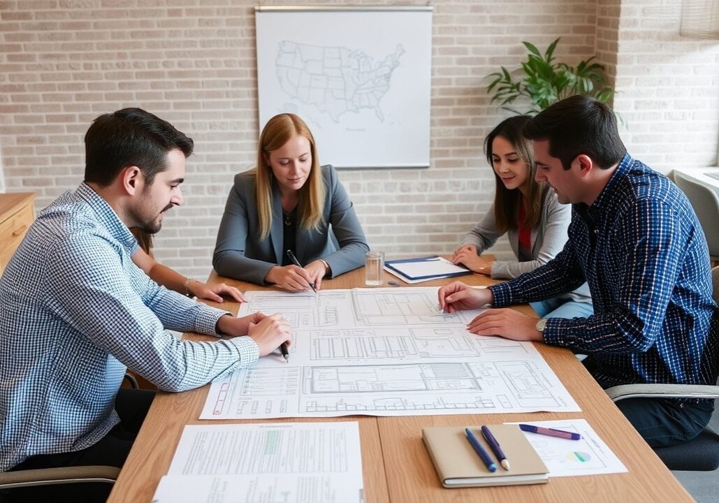 A small team talking around a table with building plans