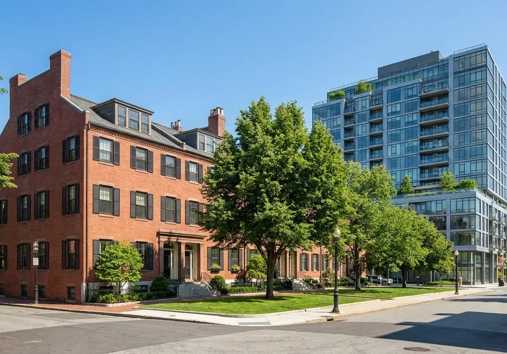 Historic brick townhouse condominium in Charlestown, MA with a modern mixed-use high-rise near the Navy Yard in the background
