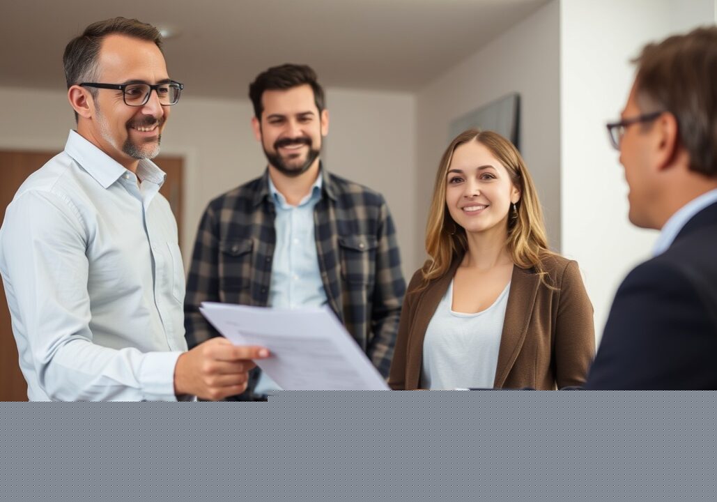 A property manager hands a printed report to a landlord while a tenant watches.