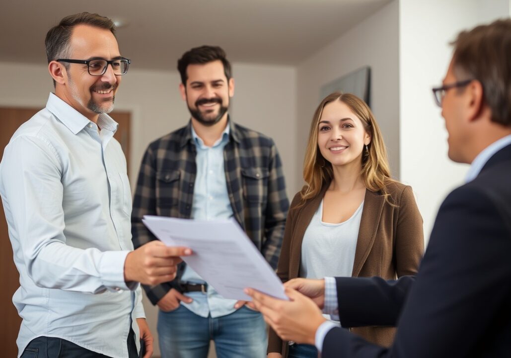 A property manager hands a printed report to a landlord while a tenant watches.
