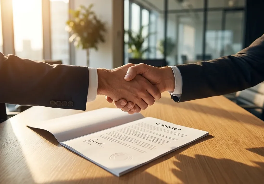Handshake over a signed management agreement representing Green Ocean's written guarantees for condo boards